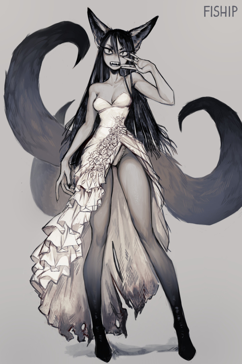 1girl absurdres animal_ear_fluff animal_ears artist_name bare_arms bare_shoulders black_hair breasts collarbone commentary dress english_commentary fangs fingernails fox_ears fox_girl fox_tail full_body grey_background grey_eyes hair_between_eyes hand_up highres jewelry long_hair looking_at_viewer matilda_fiship medium_breasts multiple_tails open_mouth original panties ring sharp_fingernails simple_background slit_pupils solo standing strapless strapless_dress tail teeth torn_clothes torn_dress underwear v-shaped_eyebrows white_dress white_panties