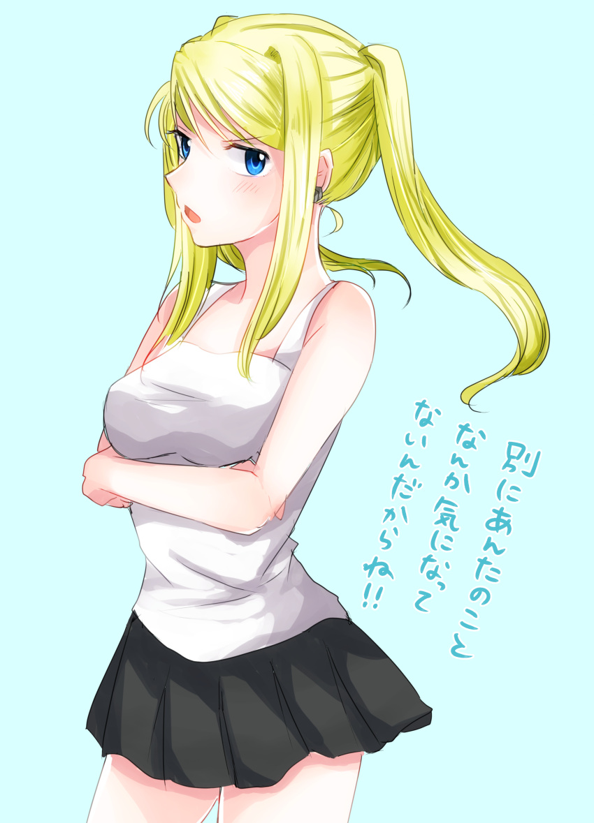 1girl absurdres black_skirt blonde_hair blue_background blue_eyes cowboy_shot crossed_arms earrings floating_hair fullmetal_alchemist hair_between_eyes highres jewelry long_hair looking_at_viewer machi_(xxx503r) miniskirt open_mouth pleated_skirt shirt sidelocks simple_background sketch skirt sleeveless sleeveless_shirt solo standing twintails white_shirt winry_rockbell