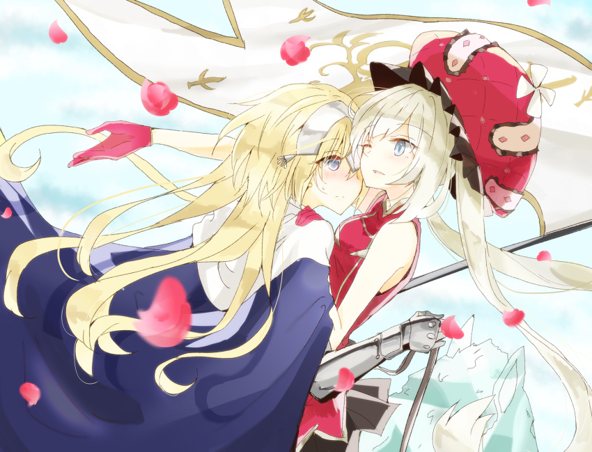 2girls 66ta1yak1 bare_shoulders black_skirt blonde_hair blue_cape blue_eyes blush cape commentary fate/apocrypha fate/grand_order fate_(series) flag frown gauntlets gloves hand_on_another's_shoulder headpiece highres holding holding_flag jeanne_d'arc_(fate) jeanne_d'arc_(fate)_(all) large_hat long_hair looking_at_another marie_antoinette_(fate/grand_order) multiple_girls one_eye_closed open_mouth petals red_gloves red_headwear red_shirt shirt skirt sleeveless smile sweat very_long_hair yuri