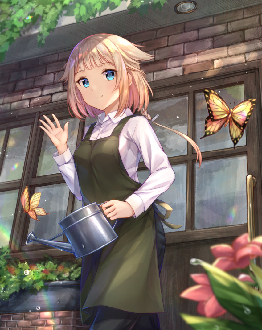 1girl apron bangs blonde_hair blue_eyes blurry_foreground blush braid bug building butterfly cevio coffee_tart collared_shirt condensation day denim dress green_apron hair_flaps highres holding_watering_can insect jeans long_hair looking_at_viewer one_(cevio) outdoors pants plant potted_plant shirt single_braid smile solo white_shirt window