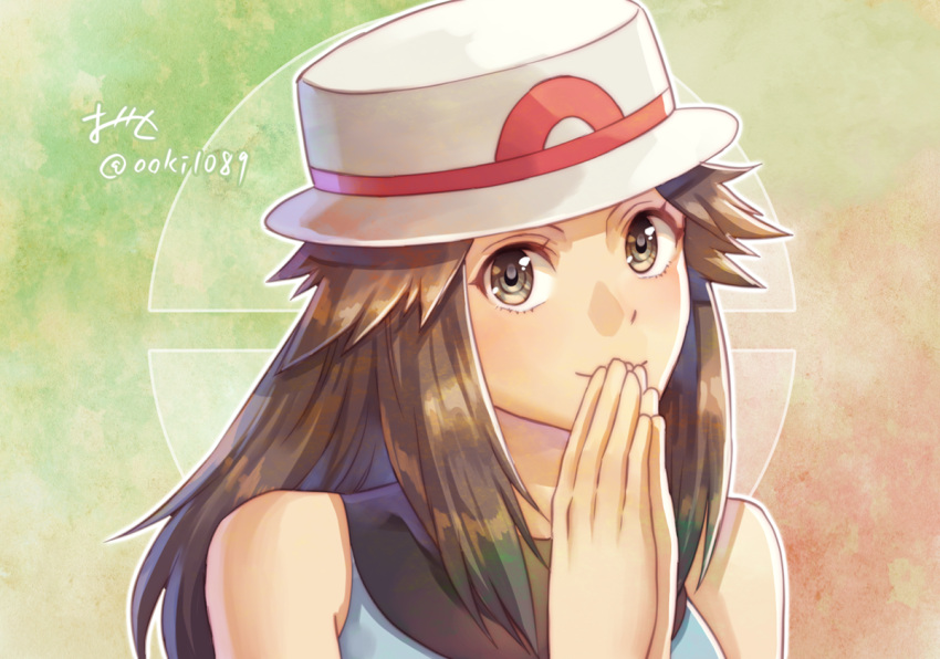 1girl blue_(pokemon) blue_shirt brown_eyes brown_hair closed_mouth hat long_hair looking_at_viewer ooki1089 pokemon pokemon_(game) pokemon_frlg portrait shiny shiny_hair shirt sleeveless sleeveless_shirt smile solo twitter_username upper_body white_headwear