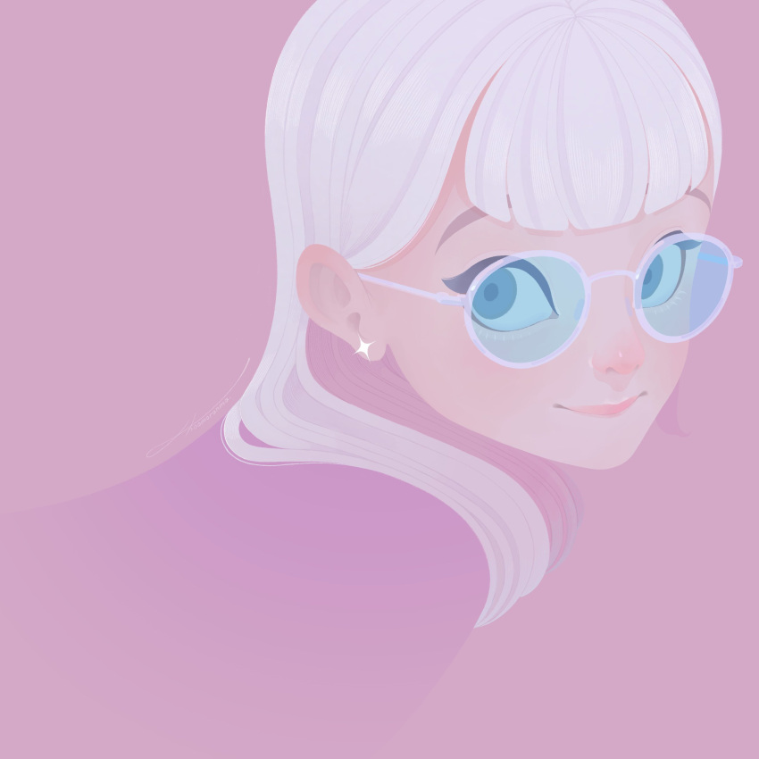 1girl absurdres bangs blue-tinted_eyewear blunt_bangs choomoranma earrings highres jewelry long_hair looking_at_viewer original pink_background pink_shirt pink_theme portrait round_eyewear shirt smile solo tinted_eyewear white_hair