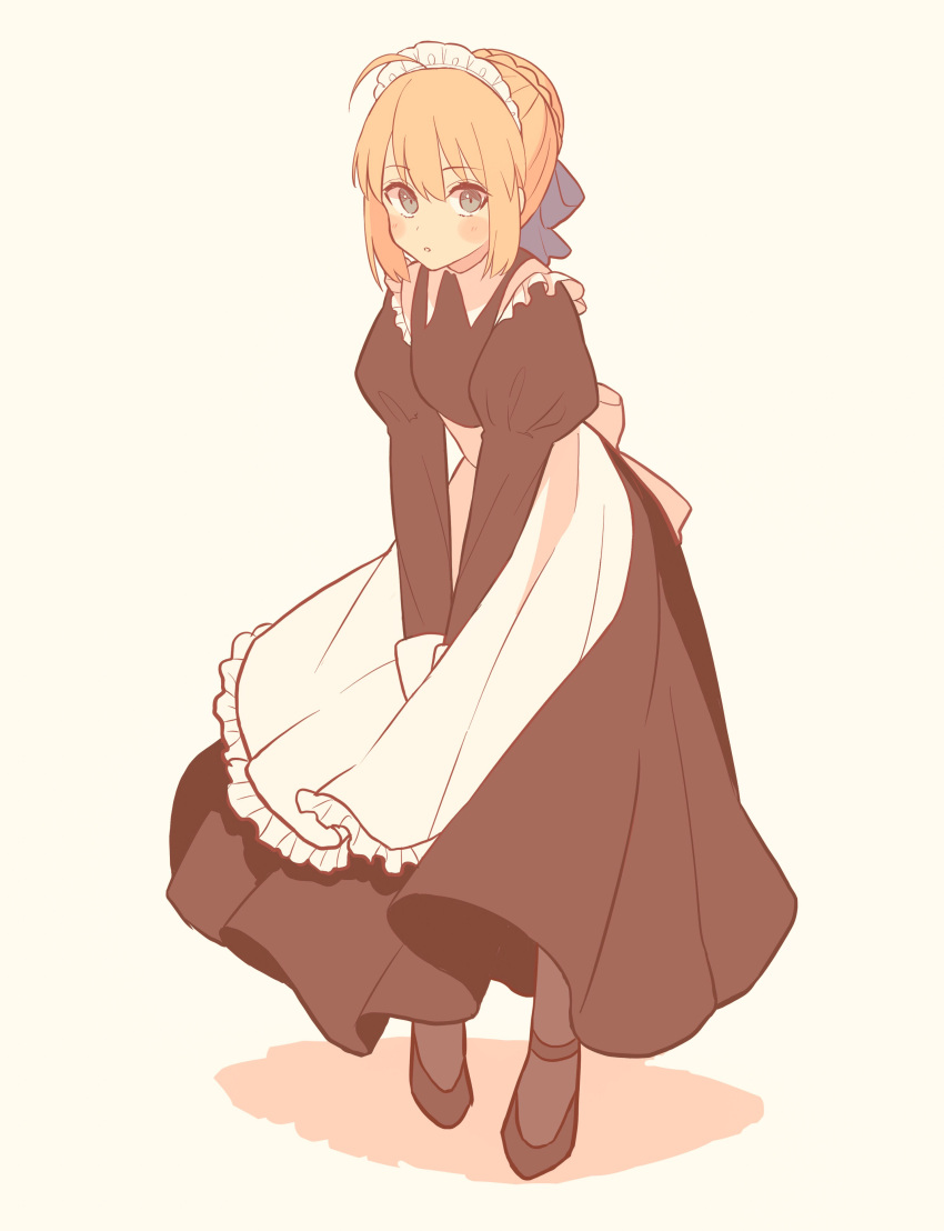 1girl absurdres ahoge apron artoria_pendragon_(all) black_footwear black_legwear black_shirt black_skirt blonde_hair blue_ribbon blush braided_bun fate/stay_night fate_(series) frilled_apron frills full_body hair_ribbon headdress highres long_skirt long_sleeves looking_at_viewer lq_saku maid_headdress ribbon saber shirt short_hair simple_background skirt solo waist_apron white_apron white_background