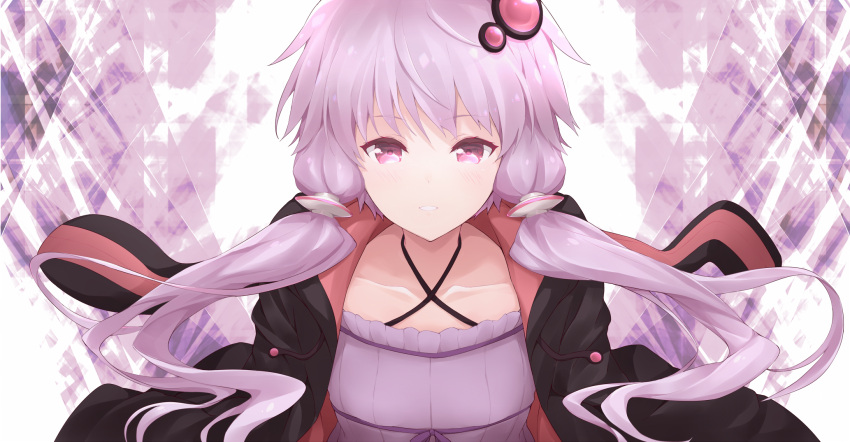 1girl animal_hood black_jacket blush bunny_hood commentary_request dress grin hair_ornament highres hood hooded_jacket jacket jampen long_hair looking_at_viewer purple_dress purple_hair smile solo strapless strapless_dress striped tube_dress twintails upper_body vertical-striped_dress vertical_stripes violet_eyes vocaloid voiceroid yuzuki_yukari