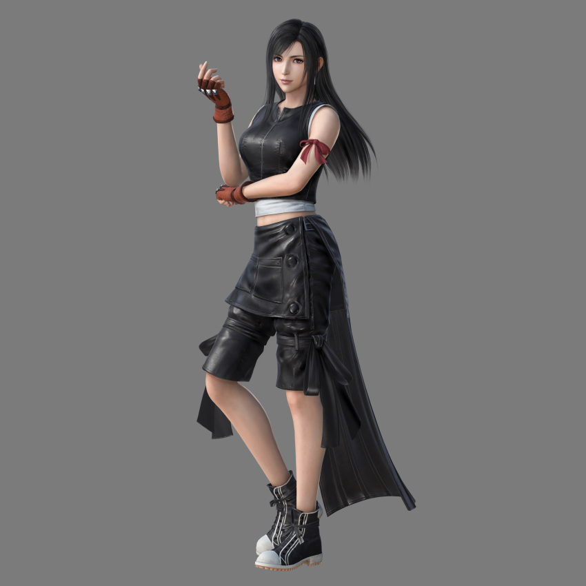 1girl 3d absurdres alternate_costume arm_ribbon bangs black_hair black_vest breasts cg closed_mouth crop_top dissidia_final_fantasy_nt earrings female final_fantasy final_fantasy_vii final_fantasy_vii_advent_children fingerless_gloves full_body gloves grey_background highres jewelry large_breasts long_hair looking_at_viewer midriff official_alternate_costume official_art red_eyes red_gloves ribbon shoes simple_background sleeveless smile solo standing tank_top tifa_lockhart vest zipper