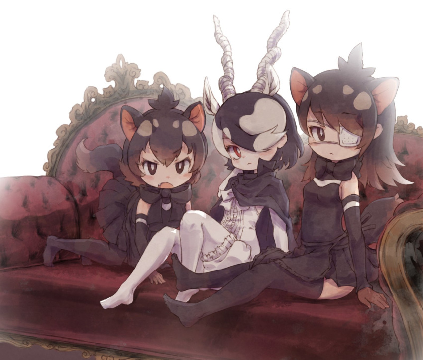 3girls all_fours animal_ears antlers black_hair black_legwear black_skirt blush brown_eyes brown_gloves brown_hair character_request closed_mouth detached_sleeves eyebrows_visible_through_hair eyepatch gloves hair_over_one_eye highres kemono_friends kolshica long_hair looking_at_viewer multicolored_hair multiple_girls open_mouth pantyhose red_eyes short_hair sitting skirt tail thigh-highs white_hair white_legwear