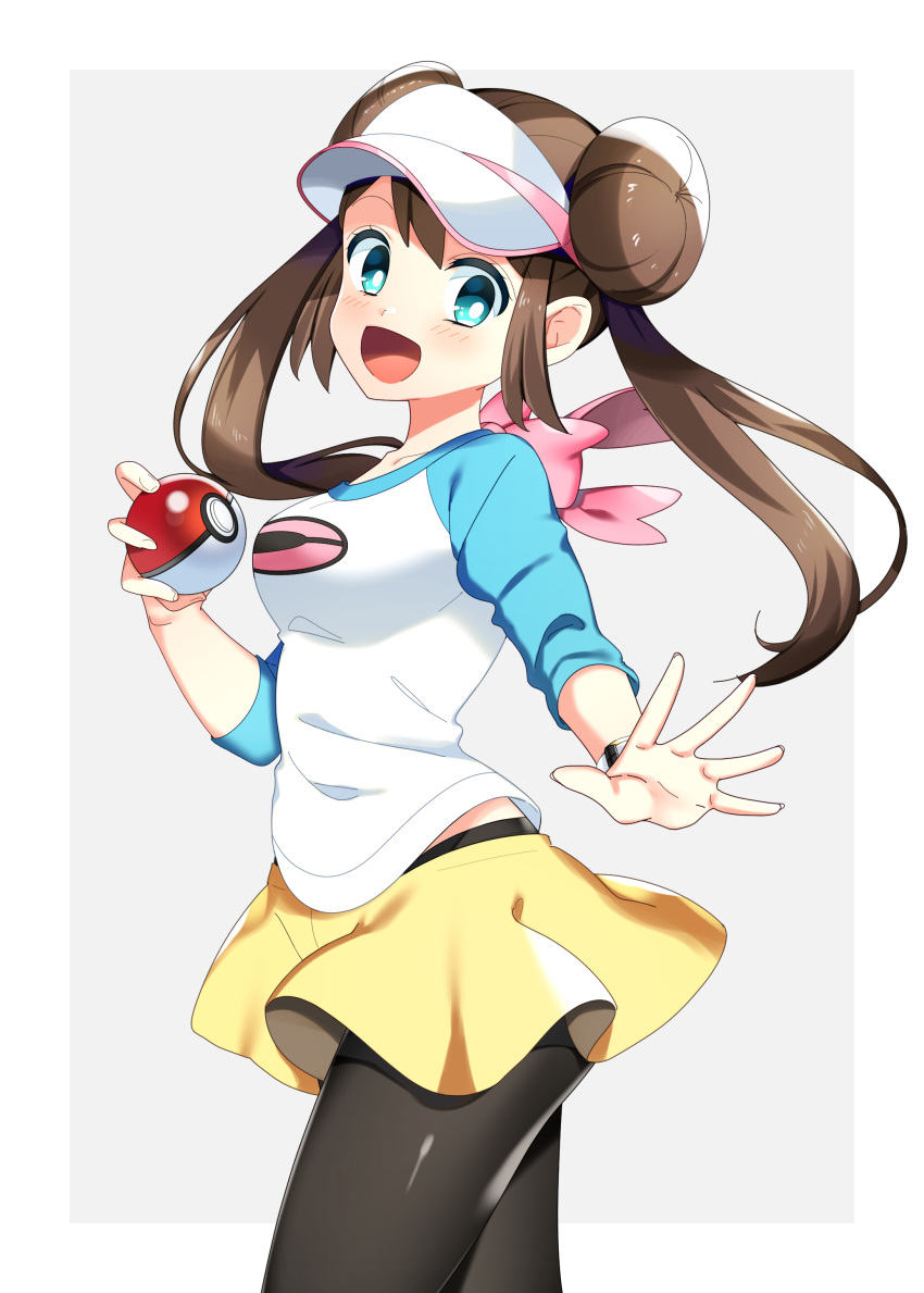 1girl :d absurdres black_legwear blue_eyes blue_sleeves blush bow bracelet breasts brown_hair cowboy_shot double_bun floating_hair highres holding holding_poke_ball jewelry long_hair long_sleeves looking_at_viewer medium_breasts mei_(pokemon) miniskirt open_mouth outstretched_hand pantyhose pink_bow poke_ball poke_ball_print pokemon pokemon_(game) pokemon_bw2 print_shirt shiny_legwear shirt skirt smile solo standing twintails visor_cap white_shirt yellow_skirt yuihiko