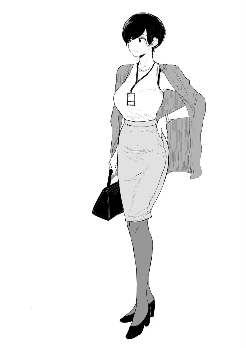 1girl bag bra_through_clothes bracelet breasts earrings full_body greyscale hand_on_hip handbag high_heels highres jacket_on_shoulders jewelry lanyard large_breasts looking_to_the_side monochrome norman_maggot office_lady olive_laurentia original pantyhose pencil_skirt pixie_cut shirt_tucked_in short_hair simple_background skirt solo standing white_background