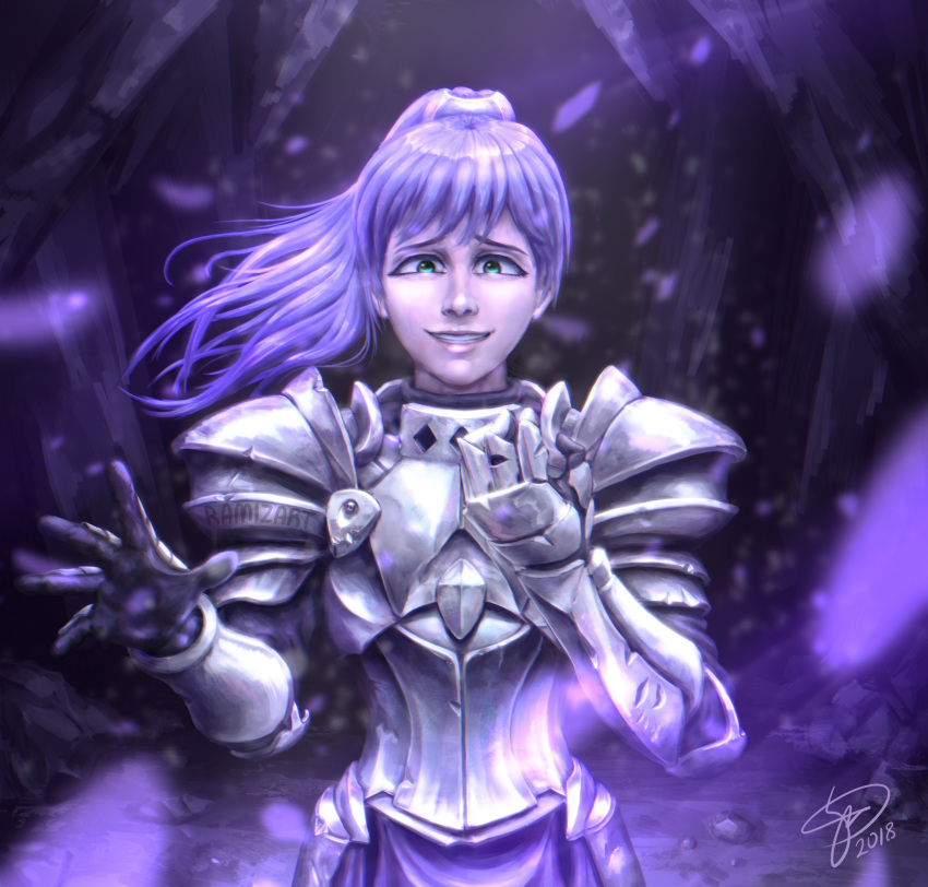 1girl armor bangs blue_eyes cave dark hair hands_up leaves leaves_in_wind long_hair looking_at_viewer original original_character ponytail purple_gloves purple_hair smile solo standing stevegrey tagme