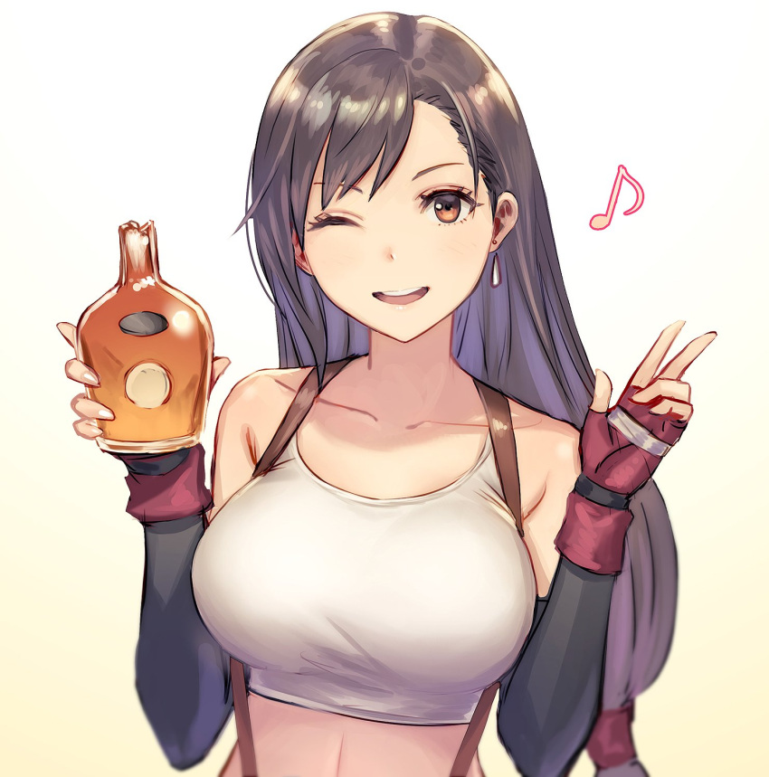 1girl ;d anbe_yoshirou arm_warmers bare_shoulders black_hair blurry bottle breasts brown_eyes collarbone commentary_request crop_top earrings final_fantasy final_fantasy_vii fingerless_gloves gloves gradient gradient_background hands_up highres holding holding_bottle jewelry large_breasts long_hair looking_at_viewer low-tied_long_hair musical_note one_eye_closed open_mouth shirt sleeveless sleeveless_shirt smile solo stomach suspenders tank_top tifa_lockhart upper_body w white_shirt