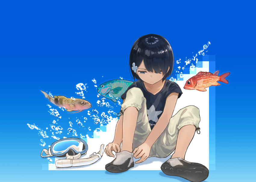 1girl absurdres artist_request black_eyes black_hair blue_background character_request commentary_request copyright_request dark_skin fish goggles hair_ornament hairclip highres shirt short_hair short_sleeves snorkel solo t-shirt