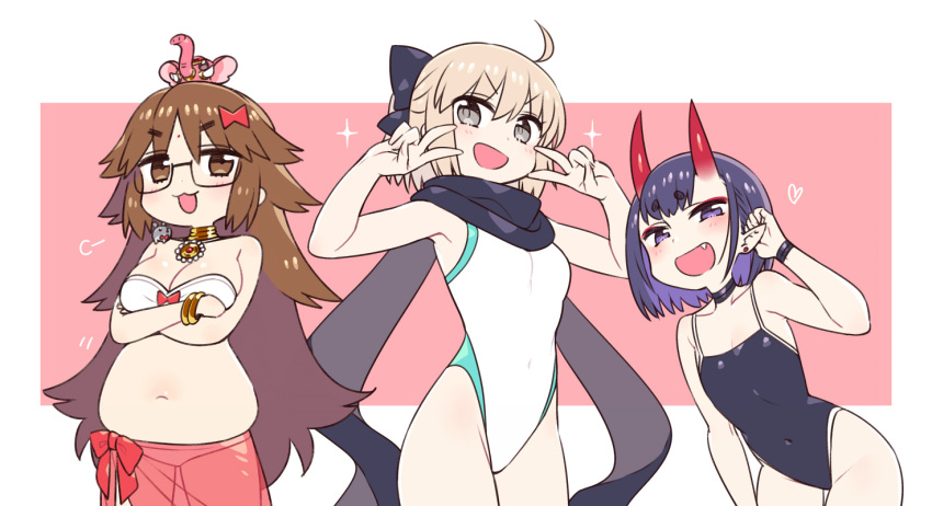 3girls ahoge bangs bare_shoulders bikini black-framed_eyewear black_scarf black_swimsuit blonde_hair blush bob_cut border bow breasts brown_eyes brown_hair chan_co choker collarbone eyeliner fate/extra fate/grand_order fate_(series) glasses grey_eyes hair_between_eyes hair_bow highleg highleg_swimsuit horns jinako_carigiri koha-ace large_breasts long_hair looking_at_viewer makeup medium_breasts multiple_girls navel okita_souji_(fate) okita_souji_(fate)_(all) one-piece_swimsuit oni oni_horns open_mouth pink_background plump pointy_ears purple_hair sarong scarf short_eyebrows short_hair shuten_douji_(fate/grand_order) simple_background small_breasts smile swimsuit very_long_hair violet_eyes white_bikini white_border white_swimsuit