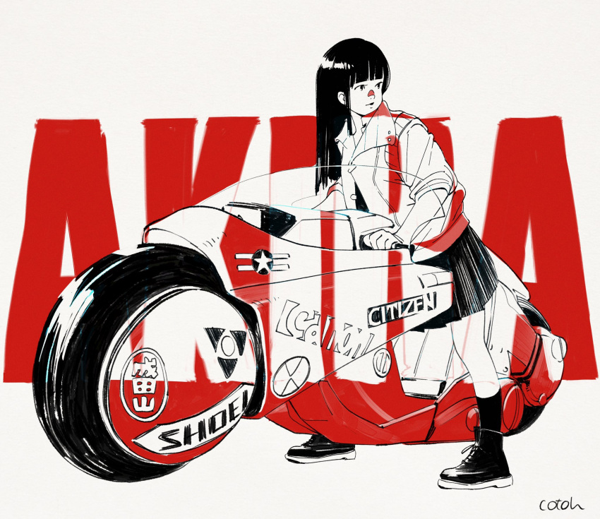 1girl akira black_hair commentary_request copyright_name cotoh_tsumi ground_vehicle highres hime_cut jacket looking_back motor_vehicle motorcycle original pleated_skirt shoes signature skirt sneakers spot_color white_background