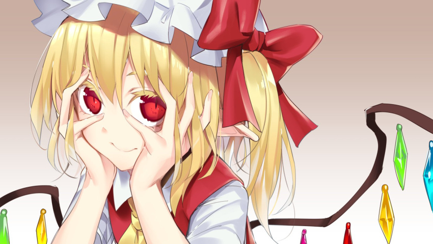 1girl ascot asutora blonde_hair bow brown_background colored_eyelashes commentary_request crystal flandre_scarlet gradient gradient_background hands_on_own_cheeks hands_on_own_face hands_up hat hat_bow highres long_hair looking_at_viewer mob_cap one_side_up pointy_ears portrait red_bow red_eyes red_vest shirt short_sleeves smile solo touhou vest white_background white_headwear white_shirt wings yellow_neckwear