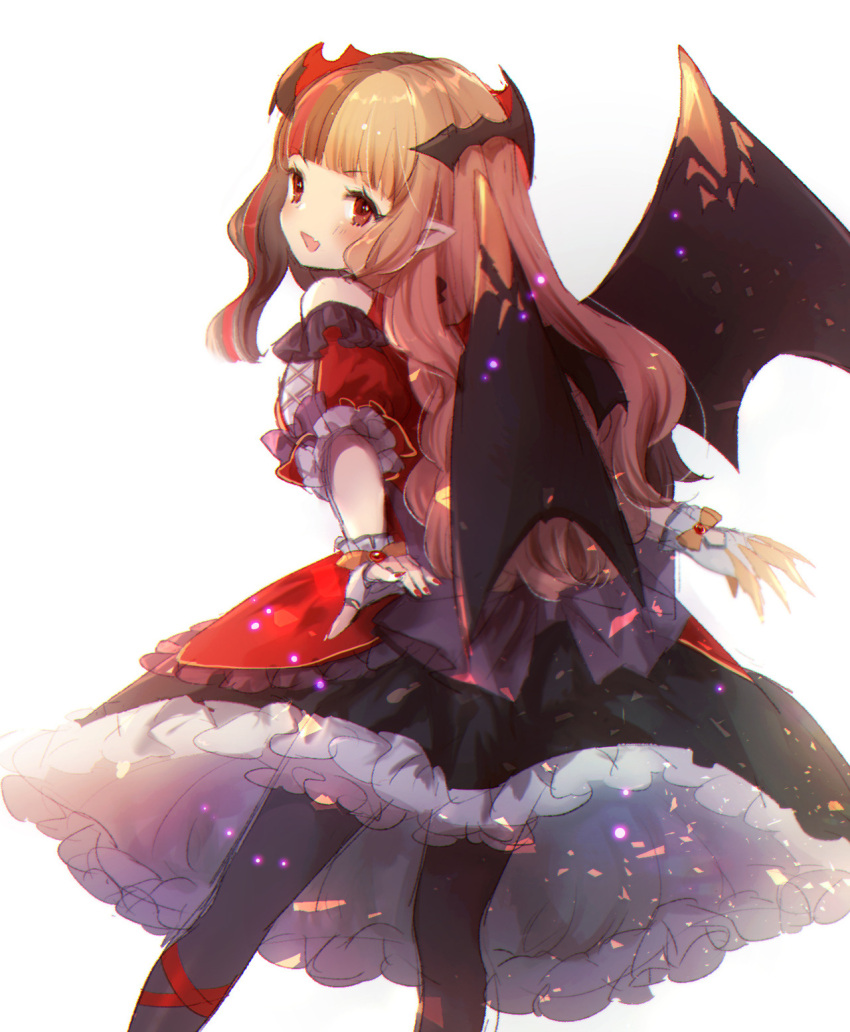 1girl :d bangs bat_wings black_legwear black_skirt black_wings blunt_bangs blush brown_hair character_request chromatic_aberration commentary_request cryptract detached_sleeves eyebrows_visible_through_hair fang fingerless_gloves fingernails frilled_skirt frills gloves highres kikka_(kicca_choco) long_hair looking_at_viewer looking_back multicolored_hair nail_polish open_mouth pantyhose puffy_short_sleeves puffy_sleeves red_eyes red_nails red_shirt red_sleeves redhead shirt short_sleeves simple_background skirt sleeveless sleeveless_shirt smile solo streaked_hair two-tone_hair very_long_hair white_background white_gloves wings