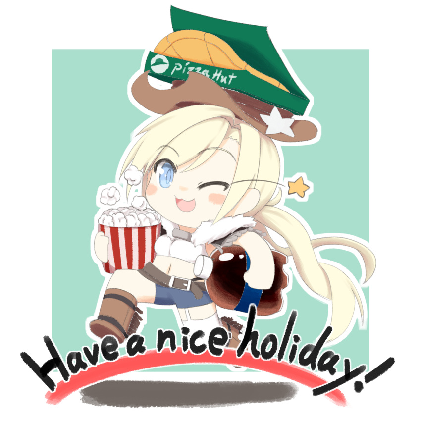 1girl blonde_hair blue_eyes boots chibi cola colt_m1873_(girls_frontline) commentary_request country_connection cowboy cowboy_hat english_text eyebrows_visible_through_hair food fourth_of_july girls_frontline hat highres kulettula one_eye_closed open_mouth pepsi pizza pizza_box pizza_hut popcorn sheriff_badge soda_bottle solo western