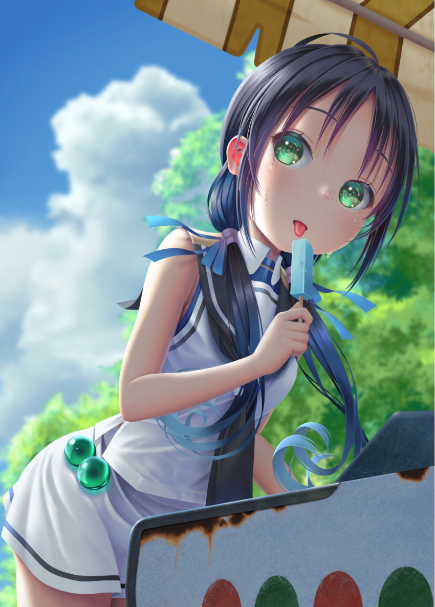 1girl black_sailor_collar blue_hair blue_sky clouds cloudy_sky commentary_request food gradient_hair green_eyes hane_yoshiyumi highres holding holding_food kantai_collection long_hair low_twintails multicolored_hair popsicle ribbon sailor_collar school_uniform serafuku skirt sky sleeveless solo suzukaze_(kantai_collection) sweat tongue tongue_out tree twintails white_skirt
