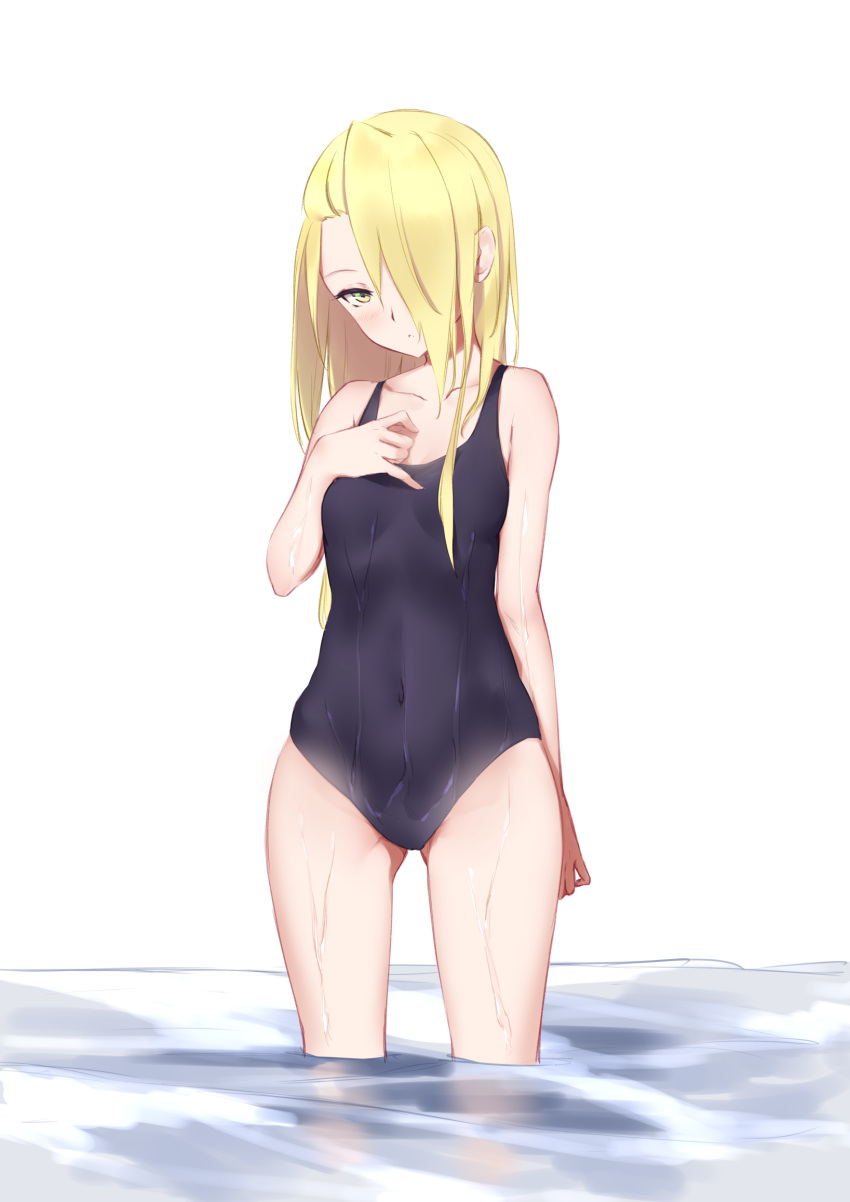 1girl ass_visible_through_thighs bangs bare_arms bare_shoulders black_swimsuit blonde_hair blush breasts brown_eyes collarbone commentary_request copyright_request covered_navel hair_over_one_eye highres jilu long_hair looking_at_viewer one-piece_swimsuit parted_lips school_swimsuit small_breasts solo standing swimsuit wading water wet wet_clothes wet_swimsuit