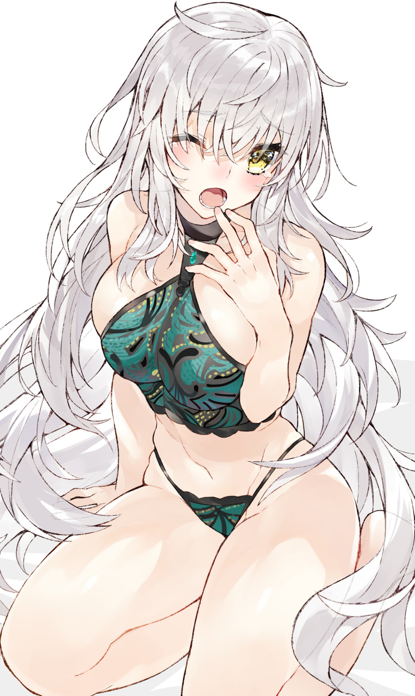 1girl absurdres ahoge bangs bare_shoulders blush breasts fate/grand_order fate_(series) green_panties halter_top halterneck highres jeanne_d'arc_(alter)_(fate) jeanne_d'arc_(fate)_(all) kou_mashiro large_breasts long_hair looking_at_viewer navel one_eye_closed open_mouth panties silver_hair simple_background solo thighs underwear very_long_hair white_background yawning yellow_eyes