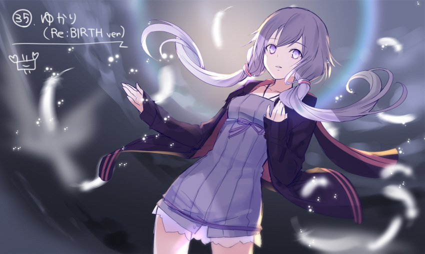 1girl bangs black_jacket breasts collarbone dress eyebrows_visible_through_hair hair_ornament halterneck jacket long_hair long_sleeves open_clothes open_jacket parted_lips purple_dress purple_hair short_hair_with_long_locks sleeves_past_wrists small_breasts solo very_long_hair violet_eyes voiceroid yuuki_kira yuzuki_yukari