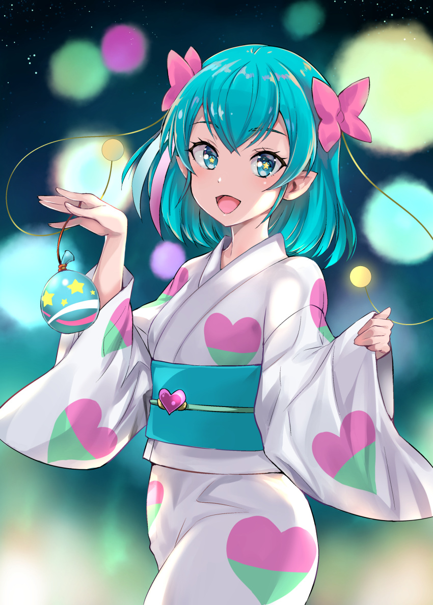 1girl :d abstract_background absurdres antennae blue_eyes blue_hair bow cowboy_shot hagoromo_lala hair_bow highres japanese_clothes kimono open_mouth pink_bow pointy_ears precure print_kimono puca-rasu short_hair smile solo standing star star-shaped_pupils star_twinkle_precure symbol-shaped_pupils white_kimono yukata