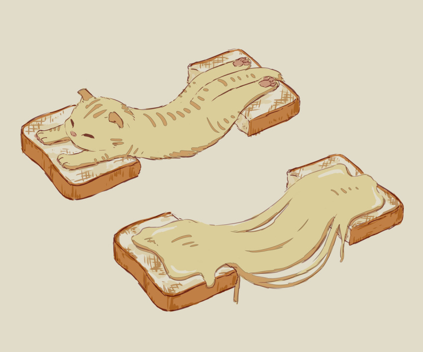 animal avogado6 brown_cat cat cat_focus cheese cheese_trail closed_eyes commentary food from_above light_brown_background lying no_humans on_stomach original simple_background slice_of_bread sploot toast