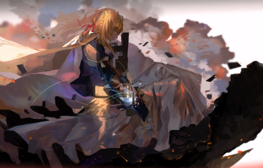 1girl battlefield blonde_hair blue_eyes blue_jacket brooch clouds debris from_side gun hair_intakes highres holding holding_gun holding_weapon jacket jewelry mechanical_hand mechanical_hands mountain prosthetic_hand red_ribbon ribbon rifle sky violet_evergarden violet_evergarden_(character) weapon white_neckwear