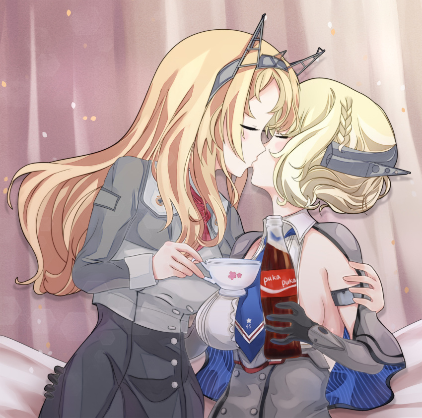 2girls ascot black_gloves blonde_hair blue_eyes blue_neckwear bottle breasts brown_background cake_no_shaberu capelet closed_eyes colorado_(kantai_collection) commentary_request cowboy_shot cup dress elbow_gloves flower garrison_cap gloves gradient gradient_background grey_dress hat headgear highres holding holding_bottle hug kantai_collection kiss kiss_day large_breasts long_sleeves military military_uniform multiple_girls necktie nelson_(kantai_collection) pencil_skirt red_flower red_neckwear red_rose revision rose shirt short_hair side_braids sideboob skirt sleeveless teacup uniform white_shirt yuri