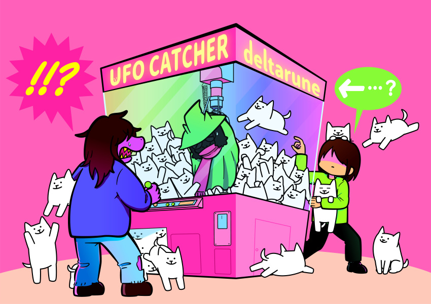 !!? 1girl 1other absurdres annoying_dog arcade_stick blue_jacket brown_hair closed_eyes controller crane_game cyouruide224 deltarune dog game_controller green_shirt hair_over_eyes hat highres jacket joystick pink_background pink_scarf pointing purple_skin ralsei scarf sharp_teeth shirt speech_bubble standing susie_(deltarune) teeth too_many undertale wizard_hat yellow_teeth