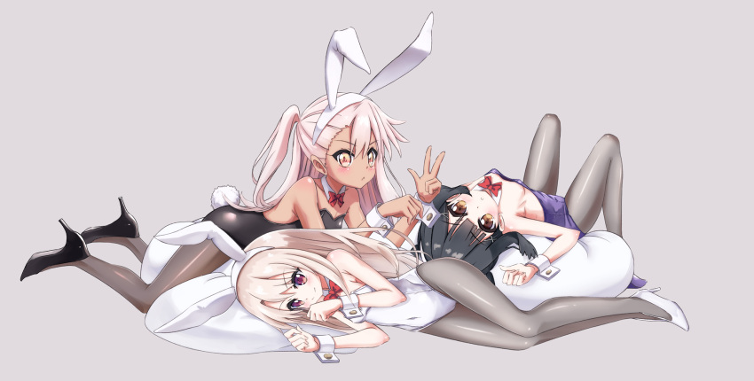 3girls animal_ears black_footwear black_hair black_leotard blonde_hair bow bowtie brown_eyes bunny_girl bunny_tail bunnysuit chloe_von_einzbern cushion dark_skin detached_collar fate/kaleid_liner_prisma_illya fate_(series) flat_chest full_body grey_background grey_legwear high_heels highres illyasviel_von_einzbern leotard long_hair lying miyu_edelfelt multiple_girls on_side on_stomach one_side_up orange_eyes pantyhose pillow pink_hair purple_leotard rabbit_ears red_eyes red_neckwear retumihari short_hair simple_background strapless strapless_leotard tail white_footwear white_leotard wrist_cuffs