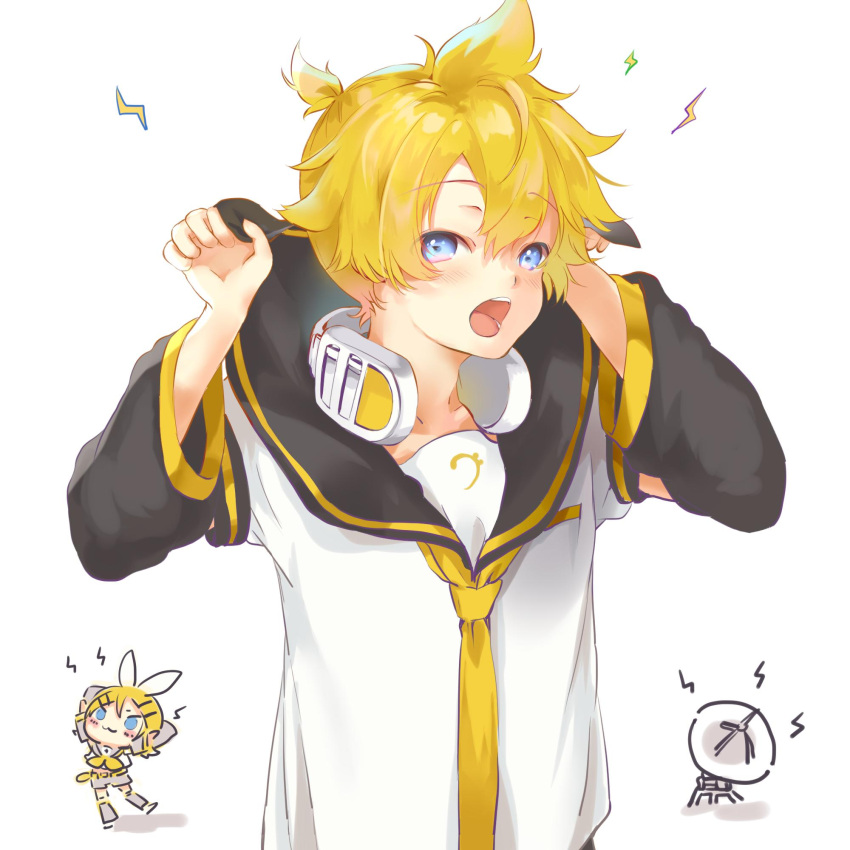 1boy 1girl :3 antennae arm_warmers bass_clef blonde_hair blue_eyes blush chibi collar commentary hands_up headphones headphones_around_neck highres holding_collar kagamine_len kagamine_rin lightning_bolt looking_at_viewer necktie open_mouth oyamada_gamata sailor_collar school_uniform shirt short_hair short_sleeves spiky_hair vocaloid white_shirt yellow_neckwear