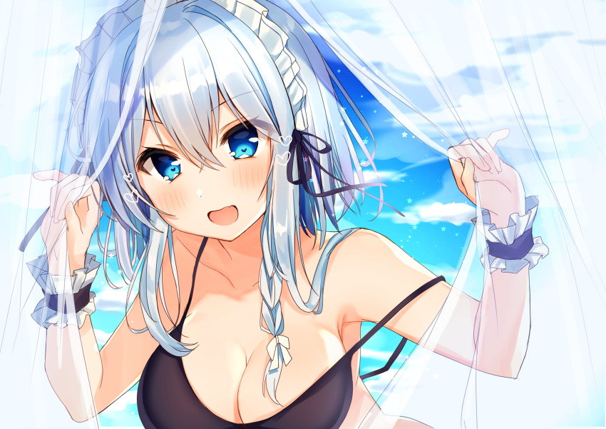 1girl :d absurdres bangs bare_arms bare_shoulders bikini black_ribbon blue_eyes blue_sky blush bow braid breasts clouds commentary curtains day eyebrows_visible_through_hair hair_between_eyes hair_ribbon hands_up heart heart-shaped_pupils highres izayoi_sakuya large_breasts maid_headdress nenobi_(nenorium) open_mouth outdoors ribbon sidelocks silver_hair single_braid sky smile solo strap_slip swimsuit symbol-shaped_pupils symbol_commentary touhou upper_body white_bow wrist_cuffs