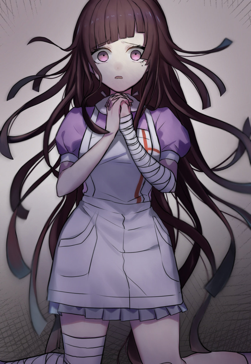 1girl absurdres apron bandaged_arm bandages bangs black_hair breasts commentary_request dangan_ronpa eyebrows_visible_through_hair highres huyuharu0214 large_breasts long_hair looking_at_viewer mole mole_under_eye nurse open_mouth puffy_short_sleeves puffy_sleeves purple_hair short_sleeves skirt solo super_dangan_ronpa_2 tsumiki_mikan violet_eyes