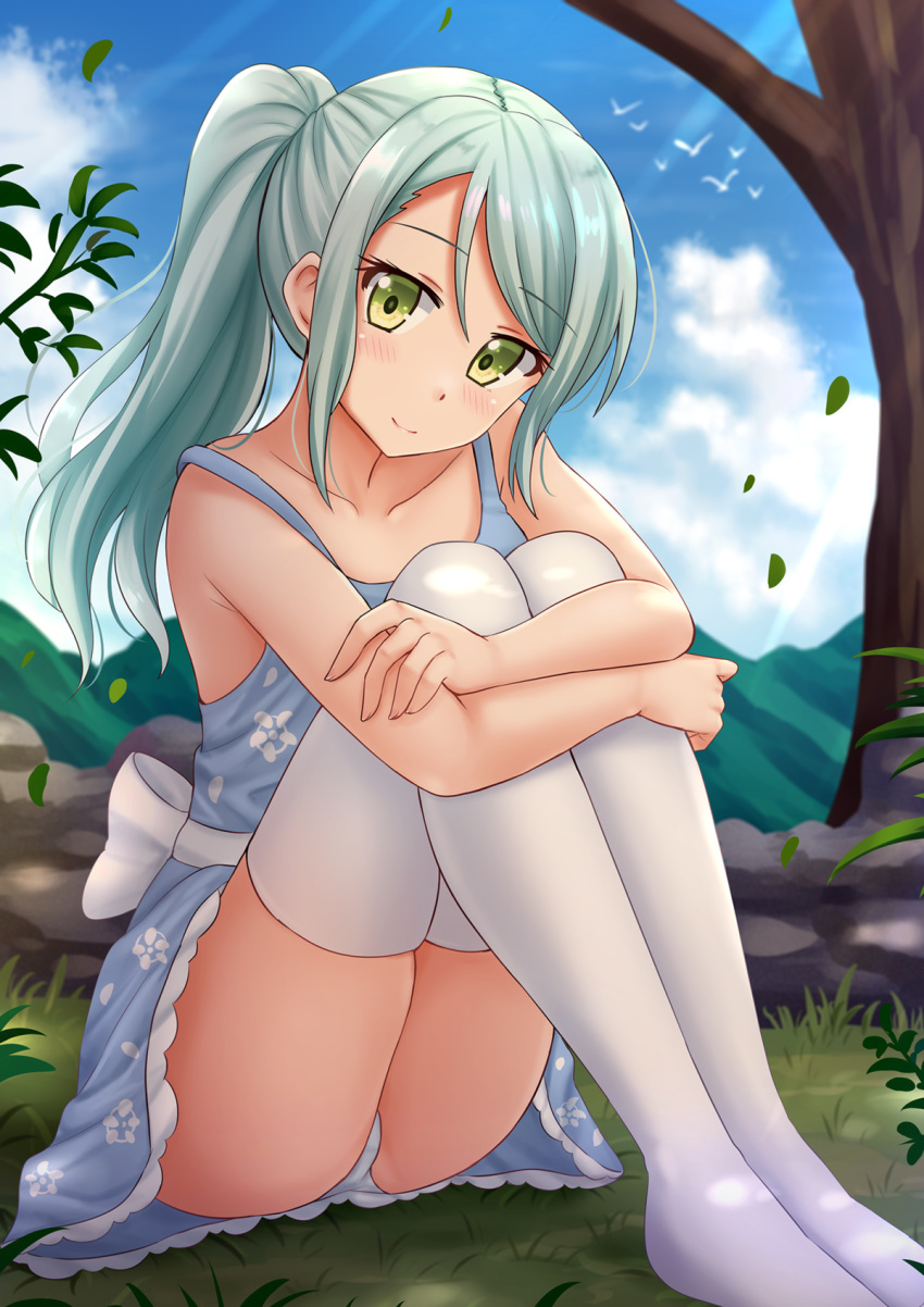 1girl bang_dream! bangs bare_arms bare_shoulders blue_dress blue_sky blurry blurry_background blush closed_mouth clouds cloudy_sky commentary day depth_of_field dress english_commentary eyebrows_visible_through_hair green_eyes green_hair hair_between_eyes highres hikawa_sayo kazenokaze knees_up leg_hug long_hair mountain no_shoes outdoors panties ponytail sidelocks sky sleeveless sleeveless_dress smile solo strap_slip thigh-highs tree underwear white_legwear white_panties
