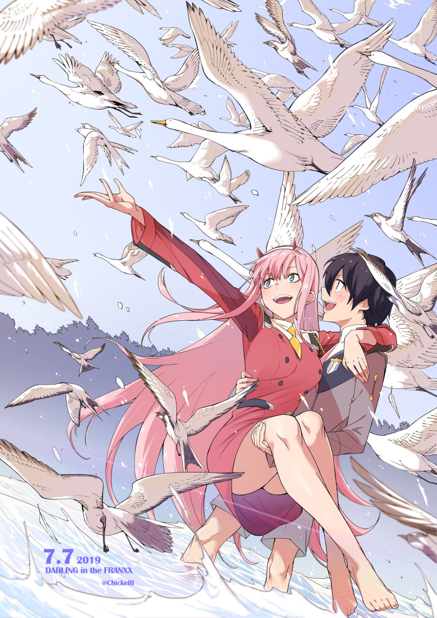 1boy 1girl barefoot bird blue_eyes blue_sky carrying chicke_iii couple darling_in_the_franxx fangs highres hiro_(darling_in_the_franxx) horns long_hair military military_uniform necktie open_mouth outstretched_arms partially_submerged pink_hair princess_carry sky smile sunlight toes uniform water zero_two_(darling_in_the_franxx)