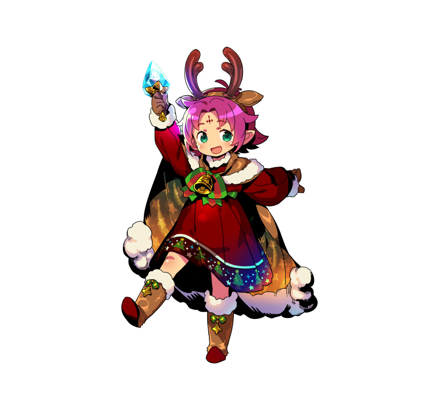 1girl absurdres antlers arm_up bell boots bow brown_gloves cape dress facial_mark fae_(fire_emblem) fire_emblem fire_emblem:_the_binding_blade fire_emblem_heroes forehead_mark full_body fur_trim gloves green_eyes highres himukai_yuuji leg_up long_sleeves mamkute official_art open_mouth pointy_ears purple_hair reindeer_antlers short_hair simple_background solo white_background