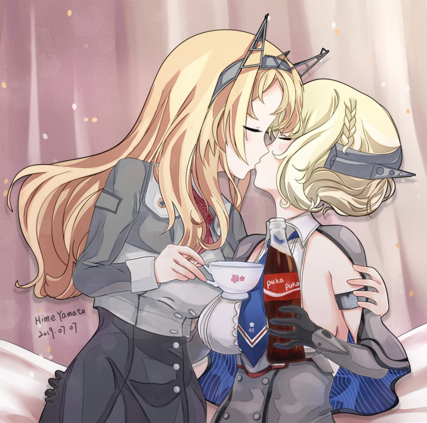 2girls ascot black_gloves blonde_hair blue_eyes blue_neckwear bottle breasts brown_background cake_no_shaberu capelet closed_eyes colorado_(kantai_collection) commentary_request cowboy_shot cup dress elbow_gloves flower garrison_cap gloves gradient gradient_background grey_dress hat headgear highres holding holding_bottle hug kantai_collection kiss kiss_day large_breasts long_sleeves military military_uniform multiple_girls necktie nelson_(kantai_collection) pencil_skirt red_flower red_neckwear red_rose rose shirt short_hair side_braids sideboob skirt sleeveless teacup uniform white_shirt yuri
