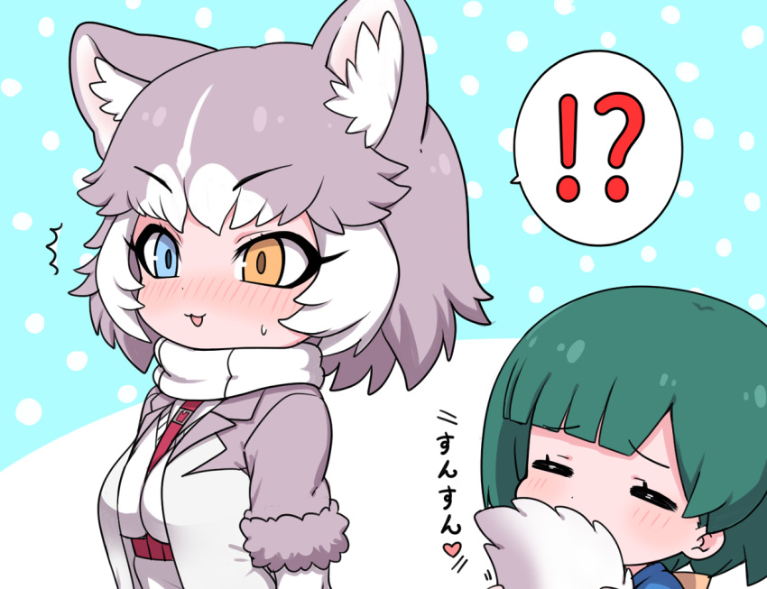 !? 2girls :3 animal_ear_fluff animal_ears bangs blue_eyes blue_shirt blush bow breasts closed_eyes commentary_request dog_(mixed_breed)_(kemono_friends) dog_ears dog_tail eyebrows_visible_through_hair green_hair grey_hair hair_bow heterochromia jacket kemono_friends multicolored_hair multiple_girls open_mouth ransusan shirt short_hair short_sleeves simple_background smile spoken_interrobang tail tomoe_(kemono_friends)_(niconico88059799) translated upper_body white_hair yellow_eyes