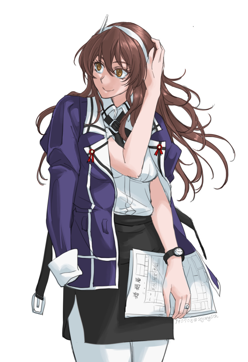 1girl ashigara_(kantai_collection) black_skirt brown_eyes brown_hair clothes_on_shoulders commentary_request cowboy_shot hairband highres horned_headwear jewelry kantai_collection long_hair looking_back marriage_certificate_(object) military military_uniform pantyhose pencil_skirt remodel_(kantai_collection) ring simple_background skirt solo sozan standing uniform watch watch wavy_hair wedding_band white_background white_legwear