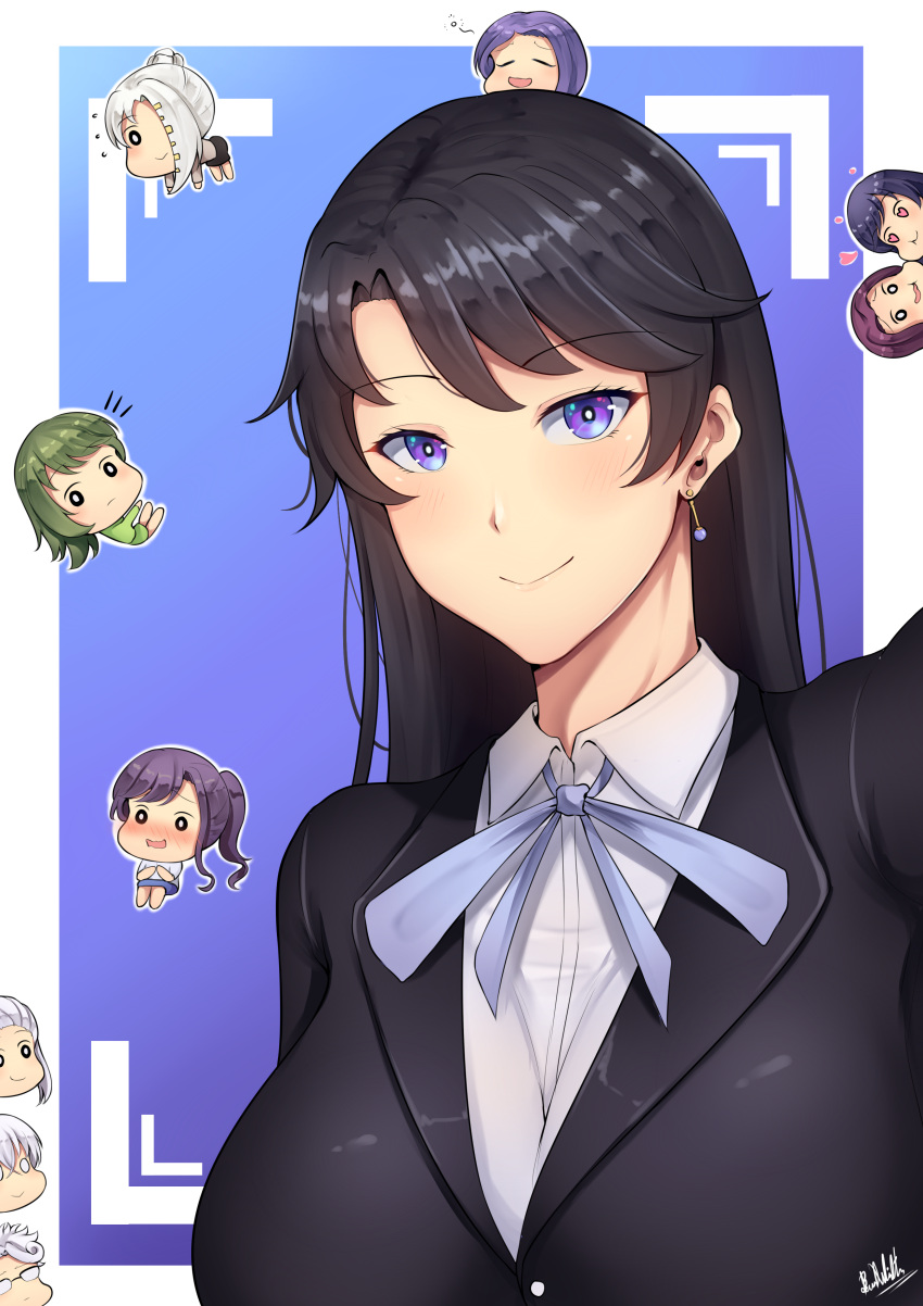 absurdres band-width bangs black_hair blazer blue_ribbon blush breasts closed_mouth collared_shirt dress_shirt earrings english_commentary eyebrows_visible_through_hair glasses green_hair hair_over_one_eye heart heart-shaped_pupils highres jacket jewelry large_breasts long_hair looking_at_viewer multiple_girls office_lady original ponytail purple_hair ribbon shirt silver_hair smile symbol-shaped_pupils violet_eyes white_hair white_shirt
