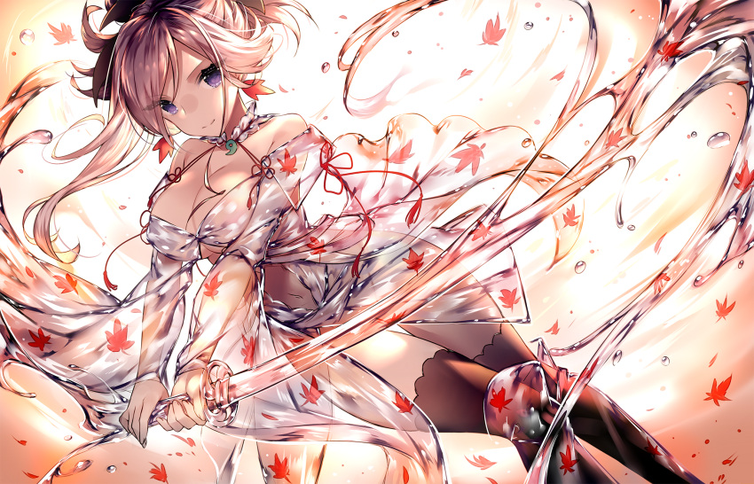 1girl bangs black_legwear closed_mouth commentary_request dress fate/grand_order fate_(series) groin hair_ornament highres holding holding_sword holding_weapon katana leaf long_hair looking_at_viewer maple_leaf miyamoto_musashi_(fate/grand_order) navel pink_hair ponytail see-through smile solo swept_bangs sword thigh-highs touwa_nikuman transparent two-handed violet_eyes water weapon