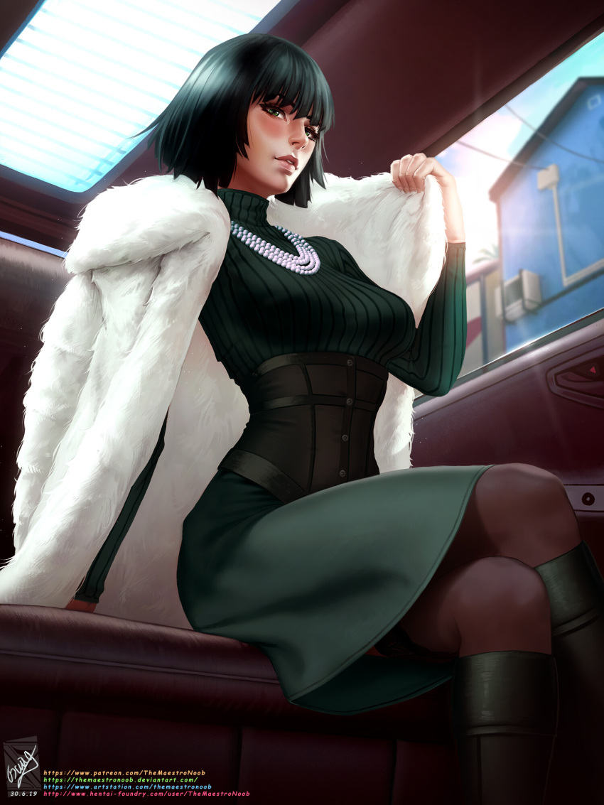 1girl bangs blue_sky blush breasts building car_interior car_seat corset crossed_legs dress english_commentary from_below fubuki_(one-punch_man) fur_coat georgy_stacker green_dress green_eyes green_footwear green_hair highres holding_coat jacket_on_shoulders jewelry large_breasts necklace one-punch_man parted_lips seat short_hair sitting sky window