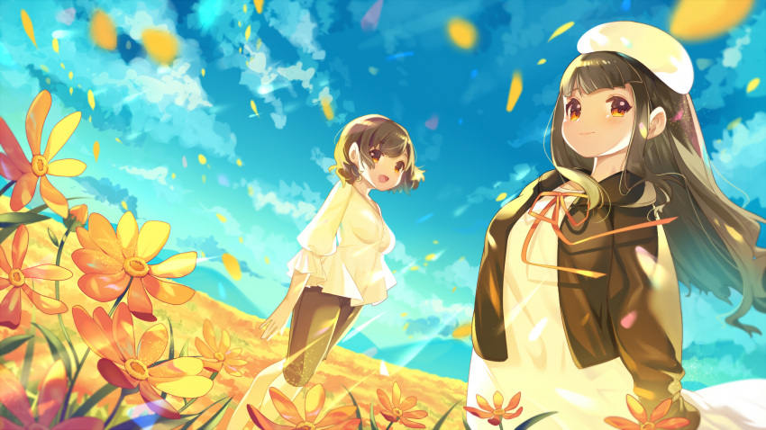 2girls :d beret blue_sky blush brown_eyes brown_hair brown_jacket brown_shorts closed_mouth clouds cloudy_sky commentary_request day dress dutch_angle field floating_hair flower flower_field hat highres hood hood_down hooded_jacket ikari_(aor3507) jacket long_hair long_sleeves multiple_girls neck_ribbon open_clothes open_jacket open_mouth original outdoors petals red_ribbon ribbon shorts sky smile standing very_long_hair white_dress white_headwear wind yellow_flower
