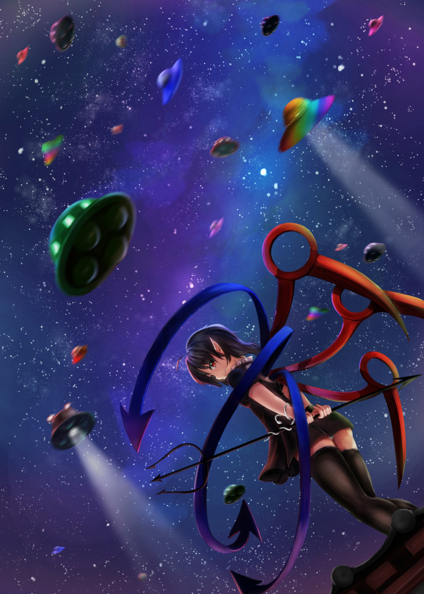 1girl ahoge arms_behind_back asymmetrical_wings black_dress black_hair black_legwear commentary_request dress dutch_angle from_behind from_below highres holding_polearm houjuu_nue light_smile looking_at_viewer looking_back luke_(kyeftss) milky_way night night_sky on_roof outdoors panties pantyshot pantyshot_(standing) pointy_ears polearm red_eyes short_dress short_hair sideways_mouth sky snake solo spotlight standing star_(sky) starry_sky thigh-highs touhou trident ufo underwear weapon white_panties wings wrist_cuffs
