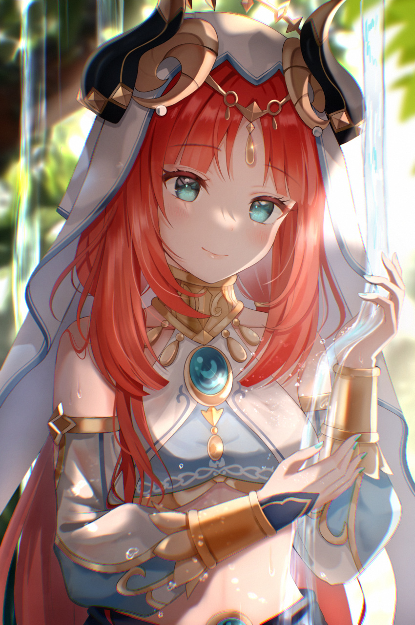 1girl aqua_eyes bangs blurry blurry_background branch closed_mouth dancer detached_sleeves fake_horns forehead_jewel genshin_impact gold_trim harem_outfit highres horns leaf long_hair low_twintails midriff nasii nilou_(genshin_impact) parted_bangs pouring redhead smile solo twintails upper_body veil water wet