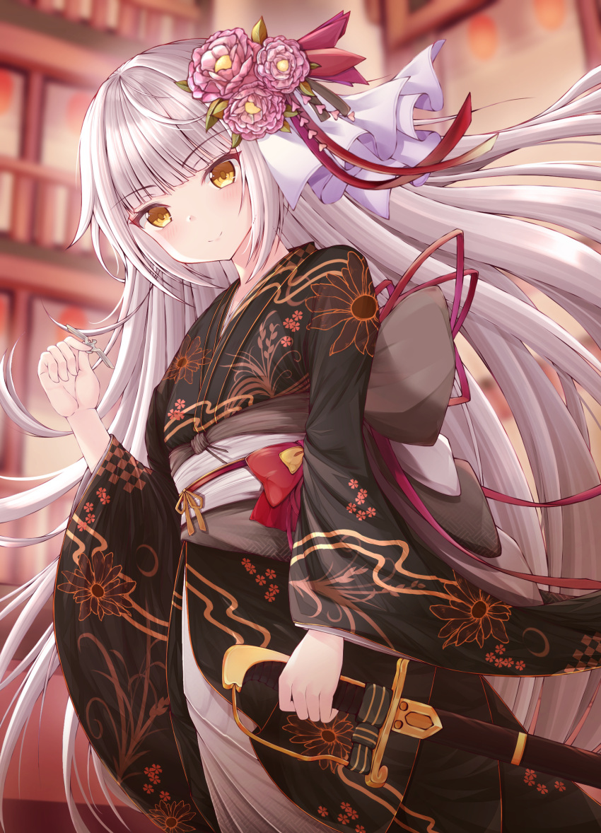 1girl absurdres alternate_costume azur_lane blurry blurry_background blush commentary_request flower grey_hair hair_flower hair_ornament highres hime_cut japanese_clothes kimono looking_at_viewer silver_hair smile solo sword tanabata weapon yellow_eyes z46_(azur_lane)