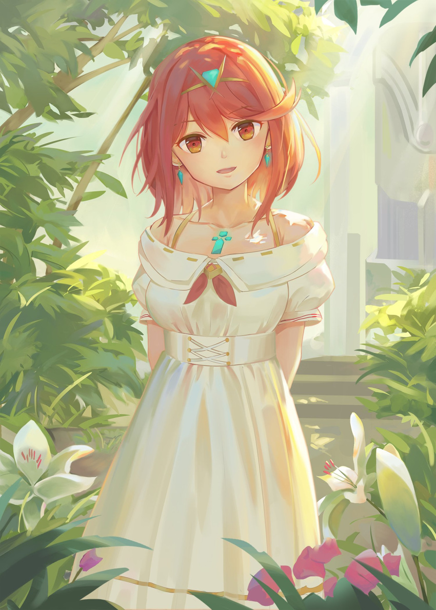 1girl alternate_costume arms_behind_back bangs breasts bush day dress earrings flower gem head_tilt headpiece highres pyra_(xenoblade) jewelry kiiro_kimi lily_(flower) long_dress looking_at_viewer medium_breasts open_mouth red_eyes redhead short_hair solo swept_bangs tiara white_dress xenoblade_(series) xenoblade_2