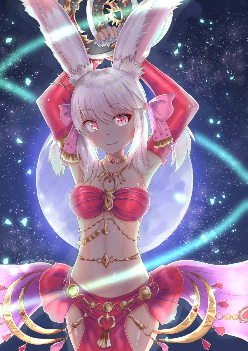 1girl animal_ears arms_up bangs bare_shoulders bow breasts chakram choker cocoasabure cowboy_shot dancer_(final_fantasy) detached_sleeves eyebrows_visible_through_hair final_fantasy final_fantasy_xiv full_moon hair_bow highres holding holding_weapon jewelry looking_at_viewer medium_breasts moon night pink_hair rabbit_ears red_eyes short_hair smile solo viera weapon