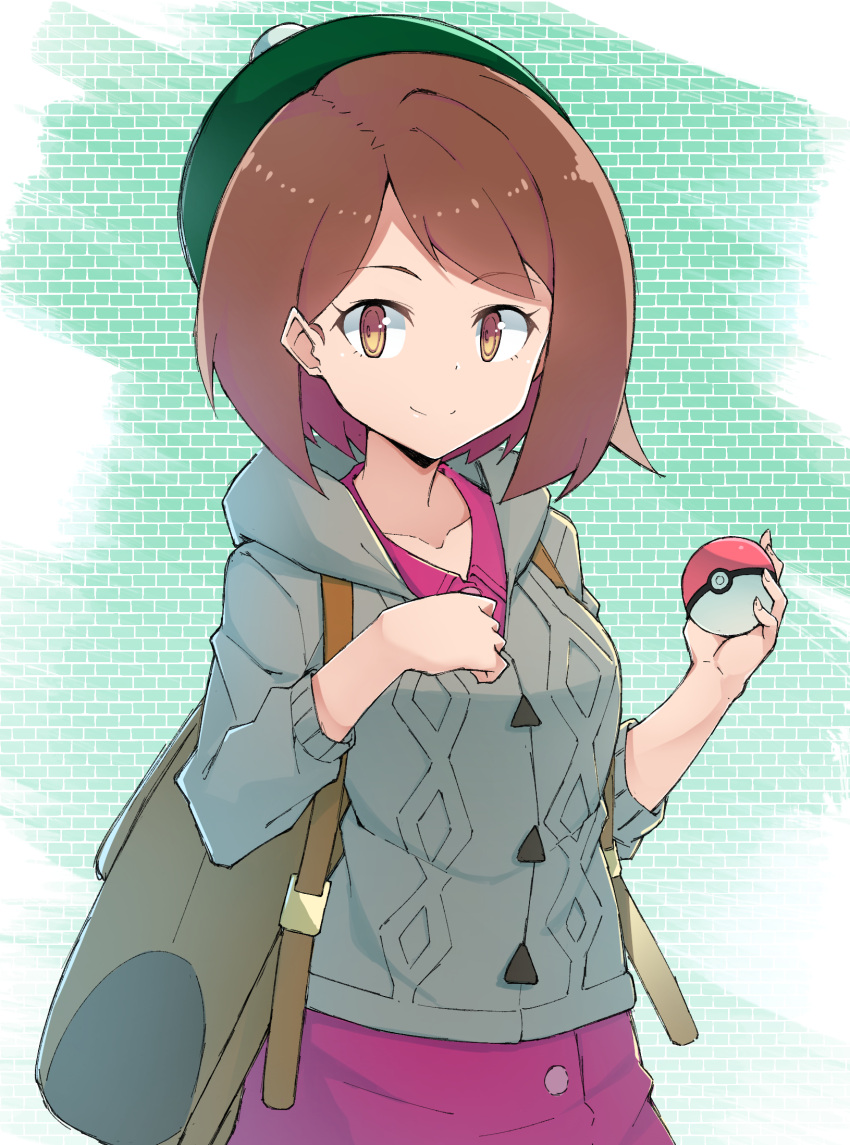 1girl backpack bag bangs bob_cut brown_eyes brown_hair cardigan closed_mouth collarbone commentary cowboy_shot dress eyebrows_visible_through_hair female_protagonist_(pokemon_swsh) green_headwear grey_cardigan hand_on_own_chest hat highres holding holding_poke_ball hood hood_down hooded_sweater long_sleeves looking_at_viewer mzrz pink_dress poke_ball poke_ball_(generic) pokemon pokemon_(game) pokemon_swsh short_hair smile solo standing sweater tam_o'_shanter