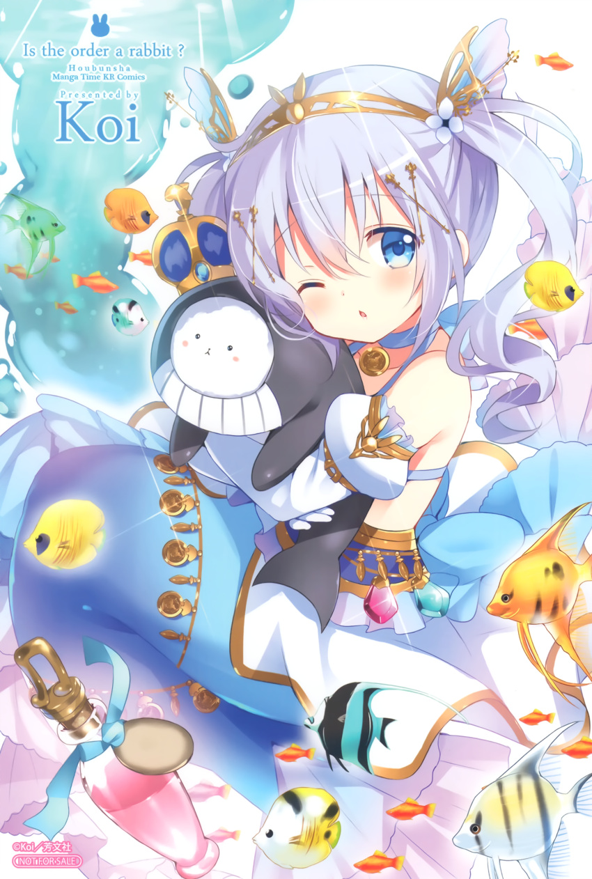 1girl absurdres alternate_costume alternate_hairstyle artist_name blue_choker blue_eyes blue_hair blush choker copyright_name crown detached_sleeves eyebrows_visible_through_hair fish gochuumon_wa_usagi_desu_ka? hair_ornament highres kafuu_chino koi_(koisan) long_hair looking_at_viewer mermaid monster_girl official_art one_eye_closed parted_lips scan tippy_(gochiusa) twintails x_hair_ornament